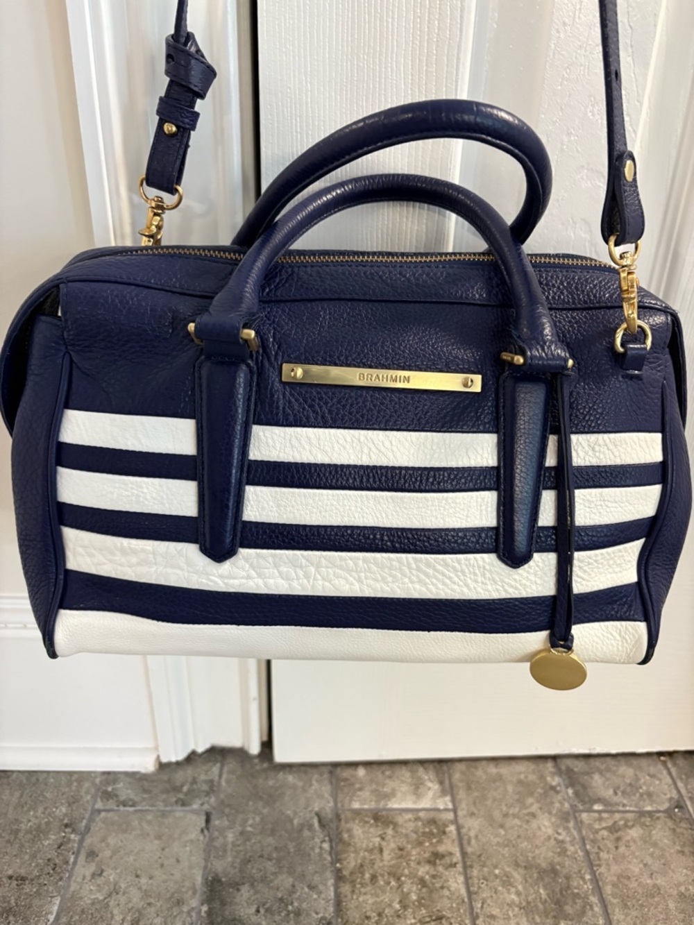Striped Navy and White Women's Satchel Bag - Picture 2 of 9
